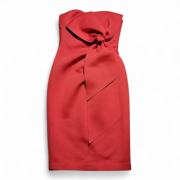 NWT $398 BADGLEY MISCHKA Strapless Bow Front Bodycon Scuba Midi Dress Red US 8 - Picture 3 of 4